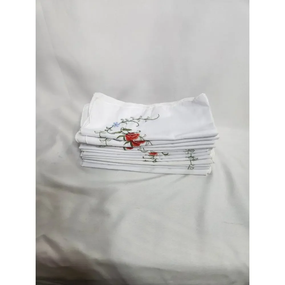 Vintage Set of 12 Embroidered Rose Linen Napkins Scalloped Edge Cottagecore...